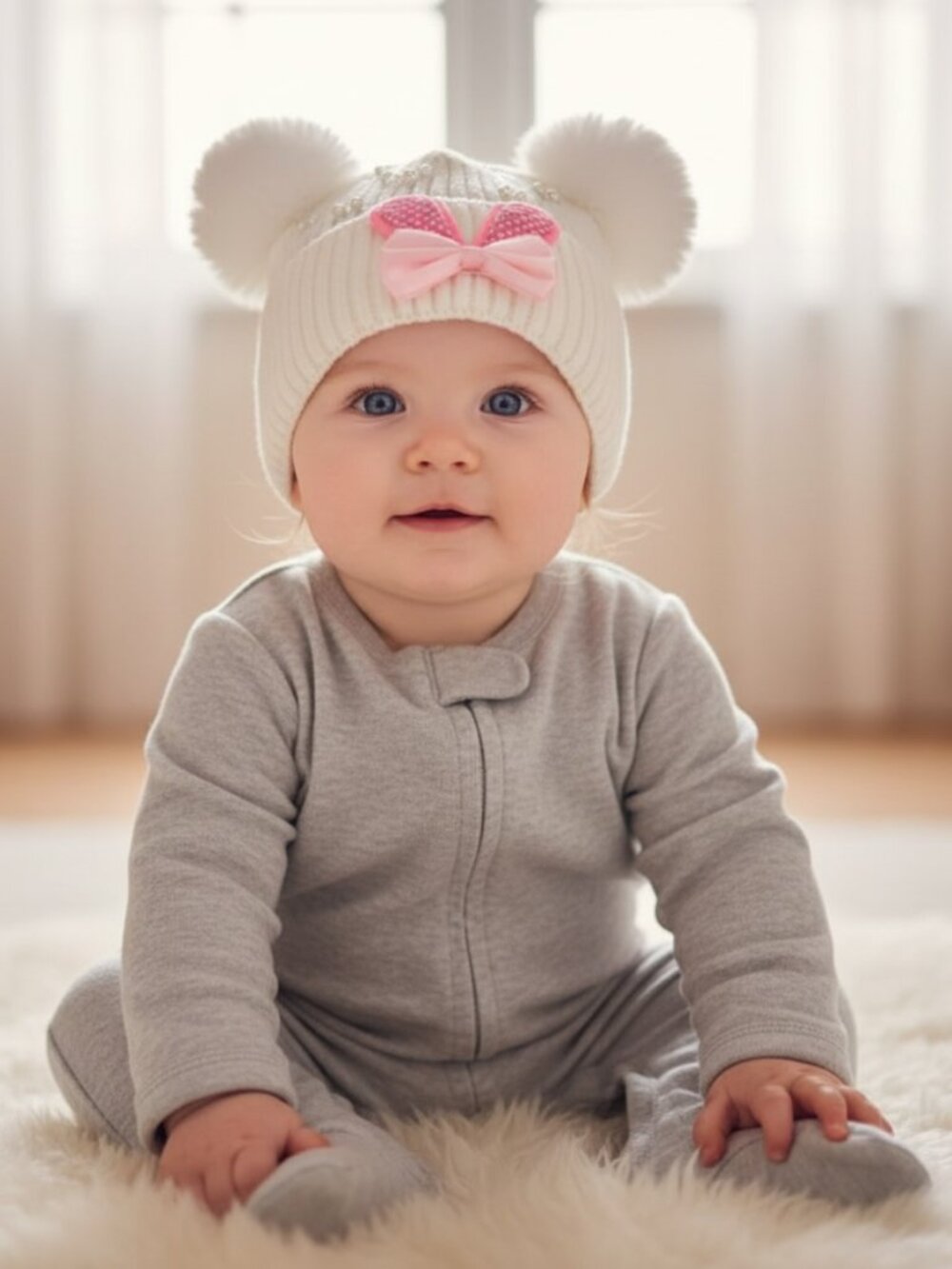 White Pearl Beaded Ribbed Knit Beanie Double Faux Fur Pom Bunny Ears Bow Hat